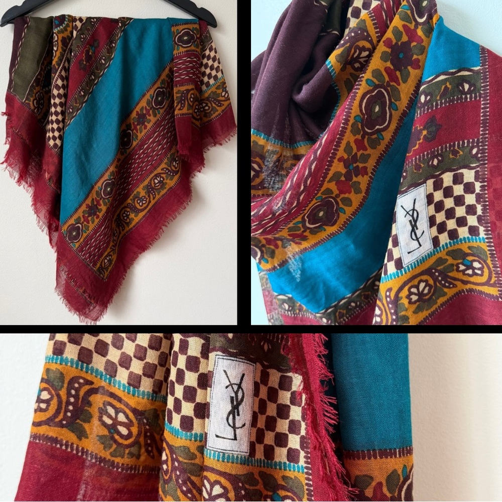 Vintage Yves Saint Laurent (YSL) Silk & Wool Foulard Scarf Rare Bohemian Print